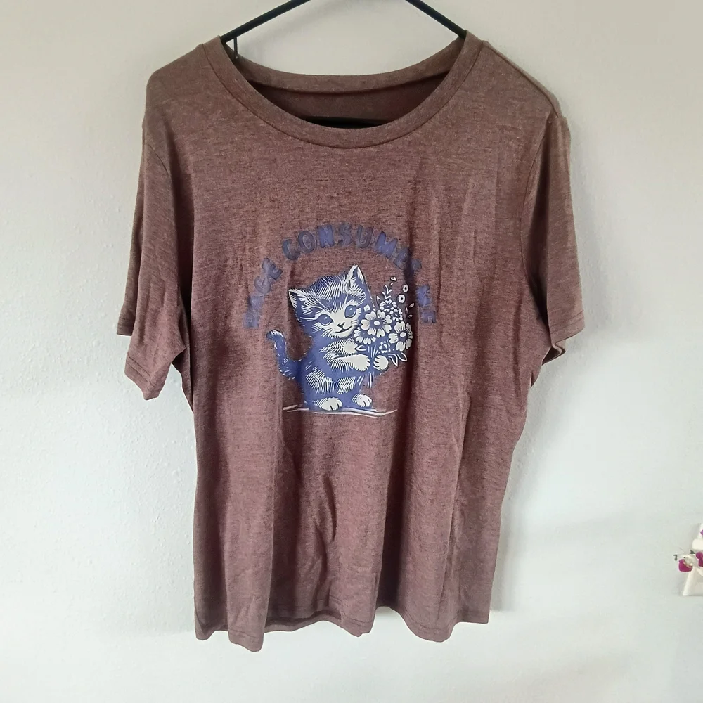 Vintage Style Cat Graphic Tee Womens XL Brown Soft Grunge Baby Tee - Picture 1 of 6